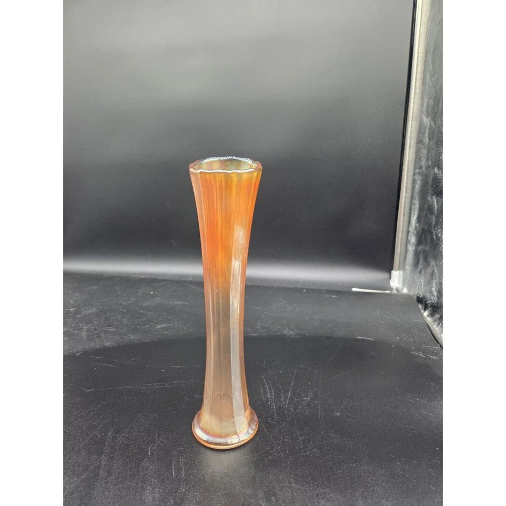 Vintage Amber Marigold Carnival Glass Opalescent Swung 9.5” Vase